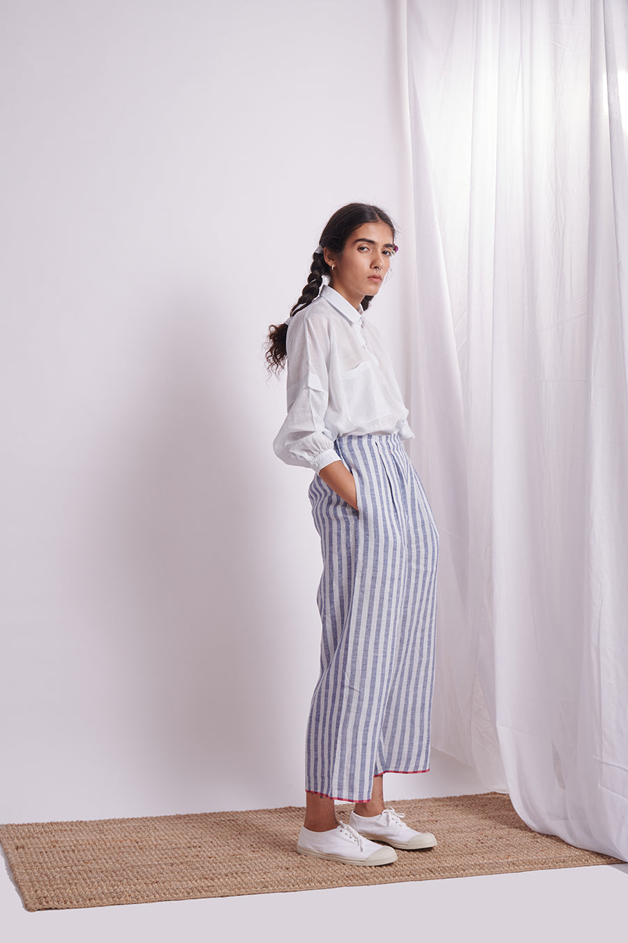 Buy Polo Ralph Lauren Women Blue Striped Linen-Cotton Wide-Leg Pant Online  - 889322 | The Collective
